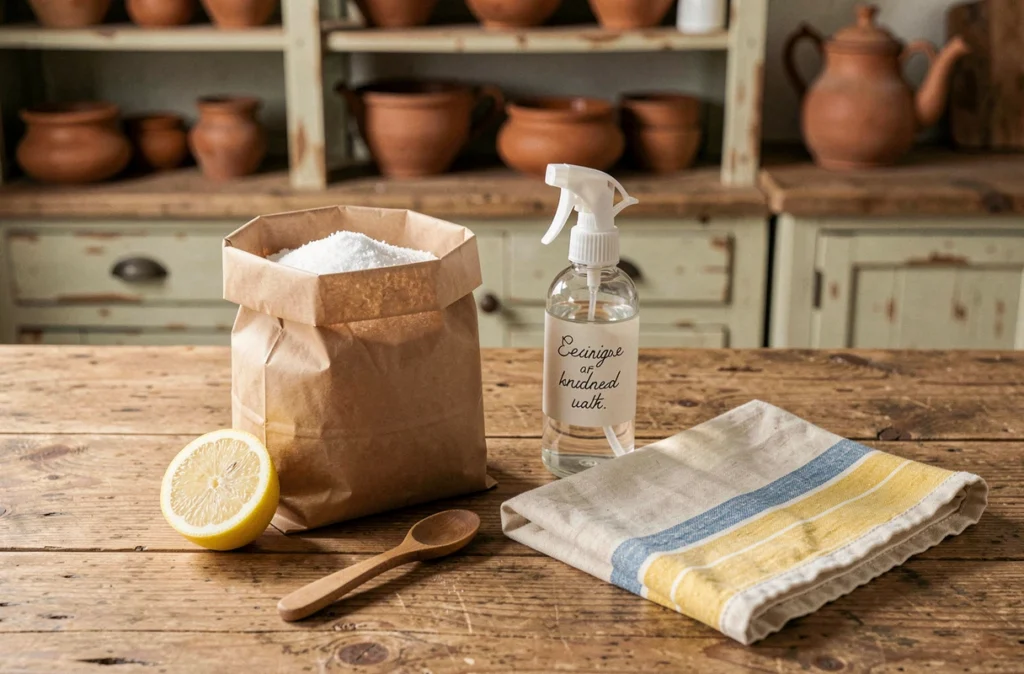 Mise en scène d'ingrédients naturels pour l'entretien maison avec bicarbonate de soude, citron et spray en verre sur table en bois