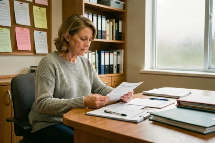 Mère discutant des démarches d'inscription scolaire avec un administrateur dans un bureau d'école après un déménagement