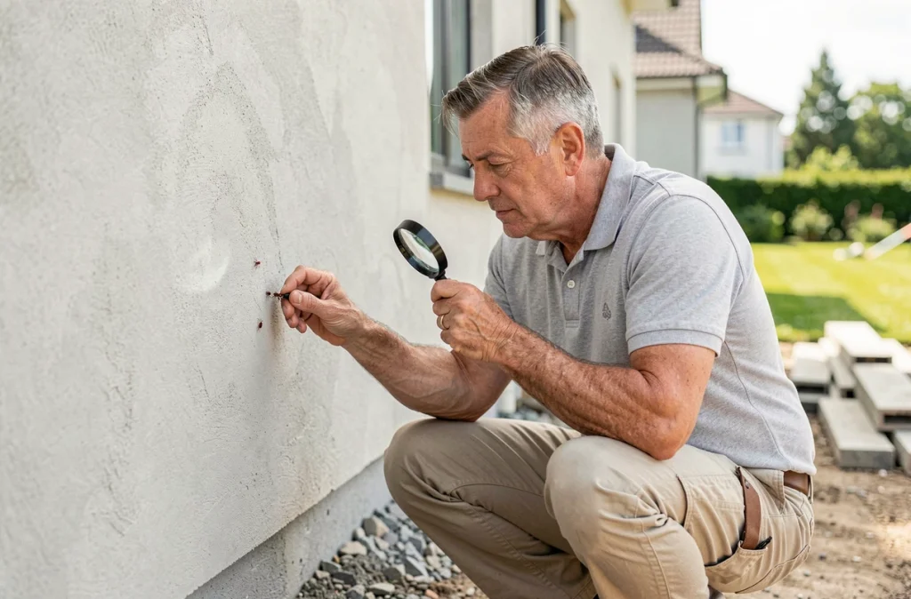Homme inspectant des petits insectes rouges sur la façade d'une maison neuve avec une loupe