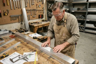 Artisan inspectant un tube aluminium carré sur un établi d'atelier avec outils de mesure et fiches techniques