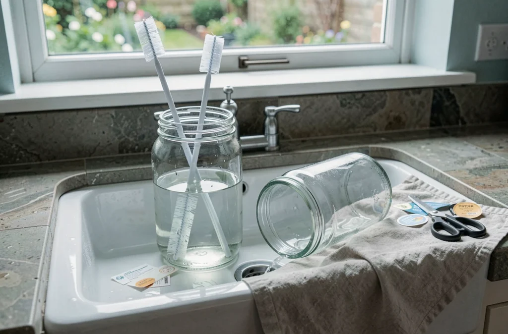 Bocaux en verre lavés et réutilisés dans un évier de cuisine, processus de recyclage et réorganisation domestique