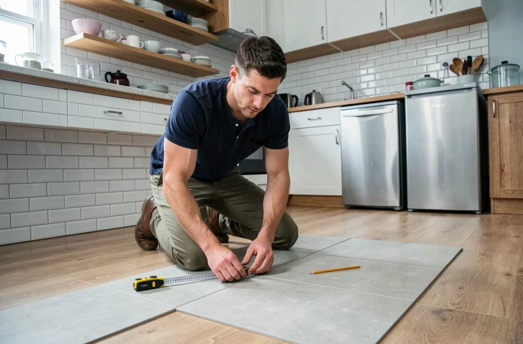 Locataire homme installant un revêtement de sol adhésif dans une petite cuisine d'appartement en location