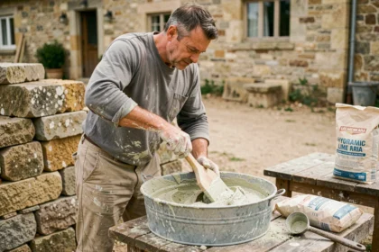 Maçon mélangeant du mortier de chaux dans un seau métallique sur un chantier de restauration de mur en pierre