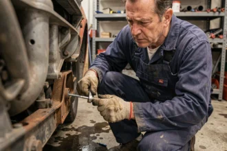 Mécanicien en salopette utilisant un extracteur de vis foirée dans un compartiment moteur difficile d'accès