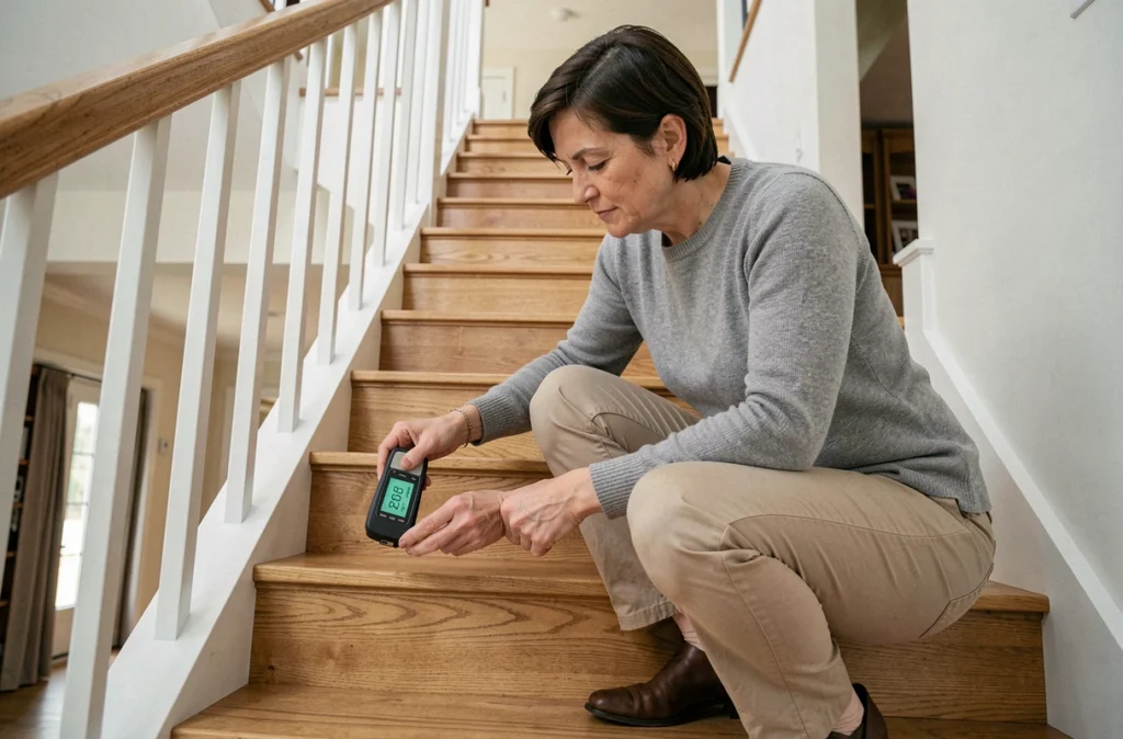 Femme mesurant l'angle de pente d'un escalier intérieur en bois avec un inclinomètre numérique