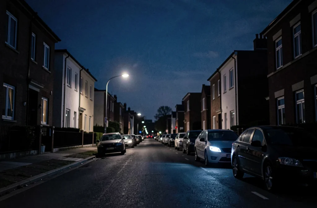Rue urbaine silencieuse la nuit avec un ciel bleu foncé profond et des silhouettes de bâtiments