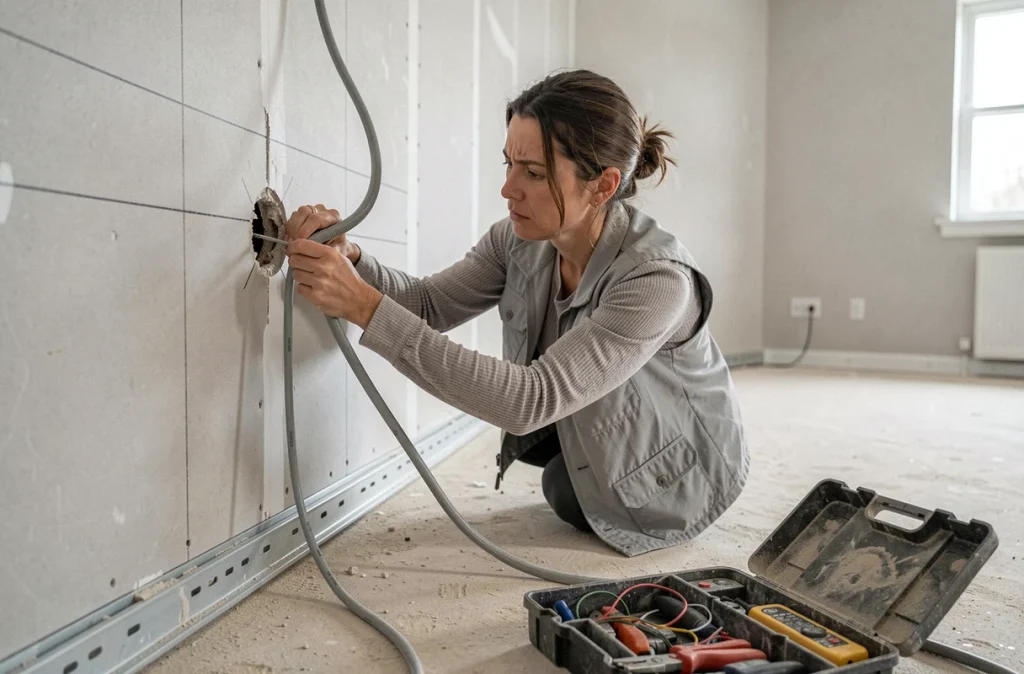 Femme bricoleur passant un câble électrique dans une cloison en plaque de plâtre lors d'une rénovation