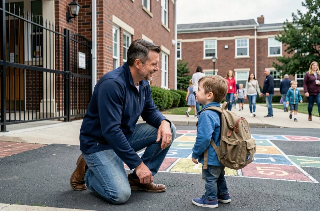 Père accompagnant son fils à l'entrée d'une nouvelle école primaire après un déménagement familial