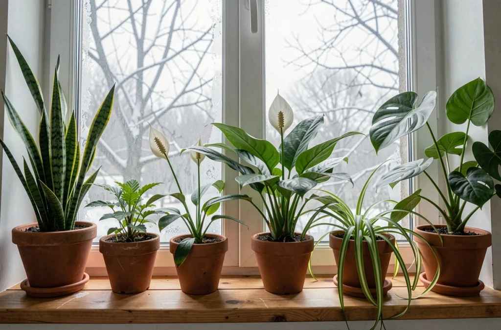 Collection de plantes dépolluantes sur un rebord de fenêtre en hiver avec ciel gris en arrière-plan