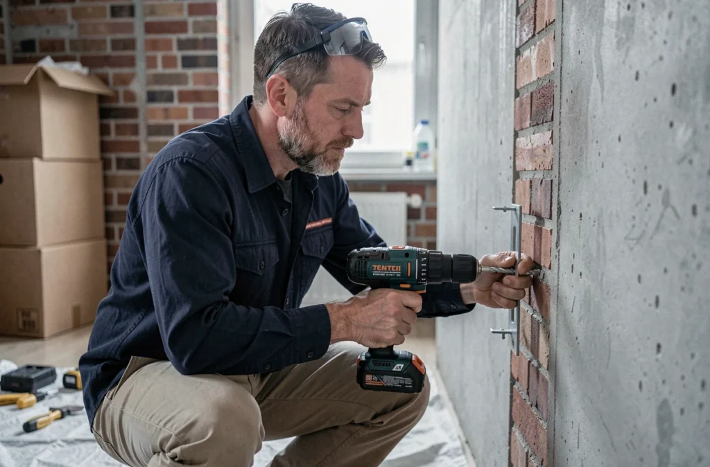 Homme vissant un support d'étagère murale avec une perceuse dans un appartement en rénovation