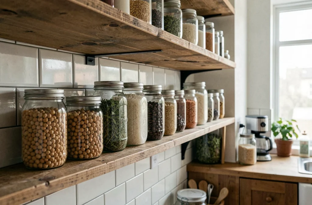 Rangée de bocaux en verre recyclés contenant des légumineuses, riz et épices sur une étagère de cuisine ouverte
