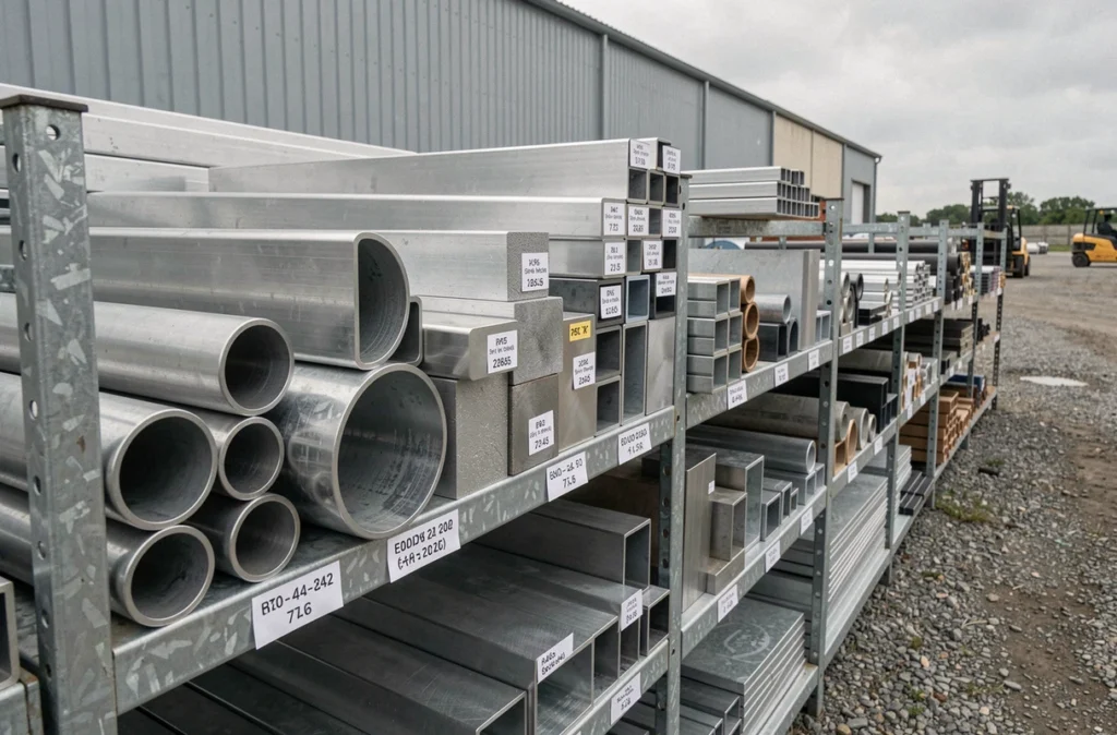 Rayonnage extérieur de tubes aluminium en différentes sections et épaisseurs dans une cour de négoce en matériaux