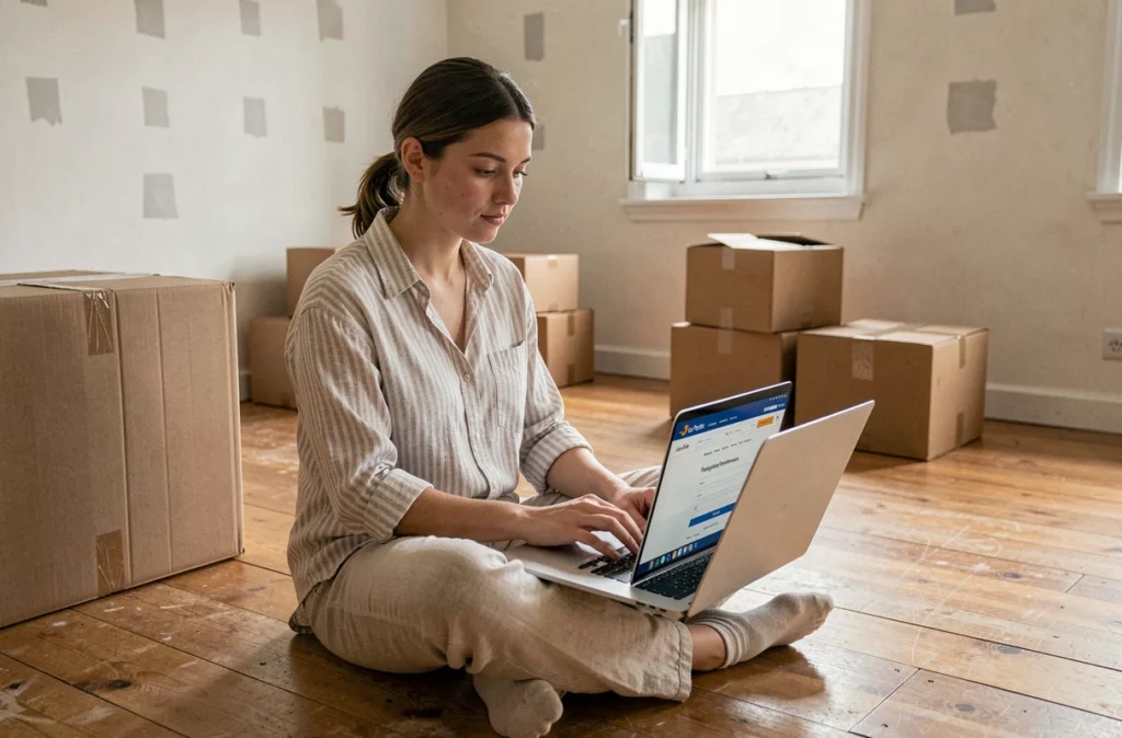 Jeune femme effectuant une demande de réexpédition de courrier en ligne depuis un appartement vide après déménagement
