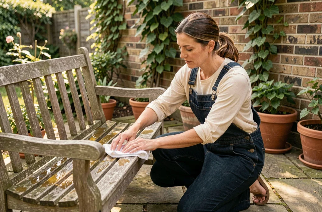 Femme rénovant un banc de jardin en bois en appliquant de l'huile de lin à l'extérieur