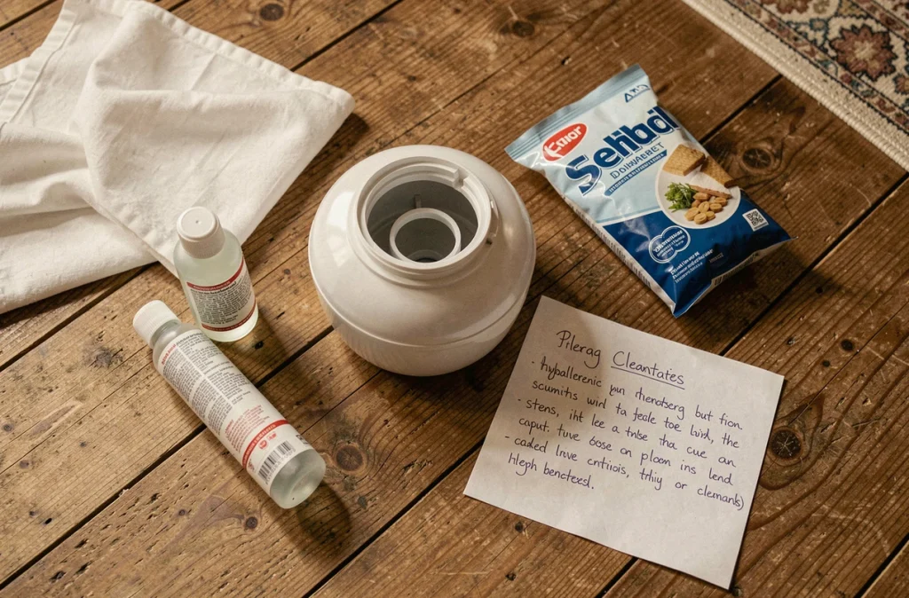 Vue aérienne d'un réservoir de shampouineuse entouré de produits hypoallergéniques et d'une lessive classique pour illustrer les précautions en cas d'allergies