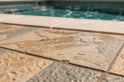 Revêtement antidérapant en pierre texturée pour plage de piscine extérieure avec surface mouillée