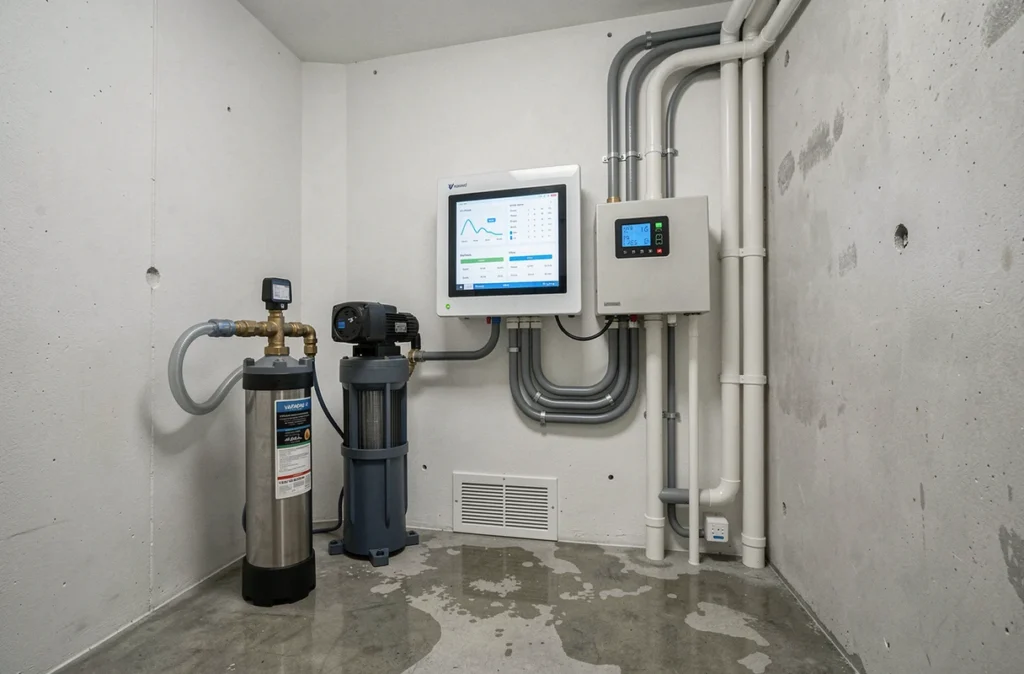 Salle technique de piscine équipée d'un système domotique connecté pour la gestion automatique du traitement de l'eau
