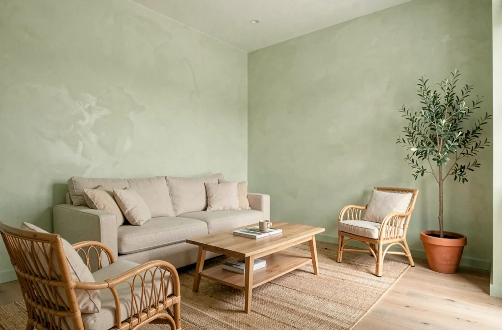 Salon moderne décoré avec des murs à la chaux en vert sauge et un mobilier naturel en lin et rotin