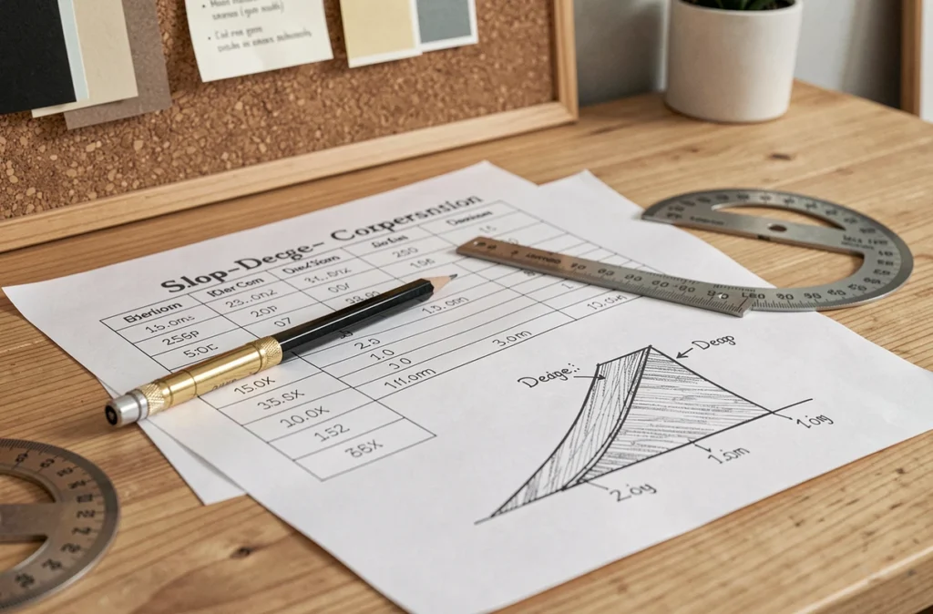 Tableau de conversion de pente en degrés posé sur un bureau avec un rapporteur et des croquis de rampe d'accès