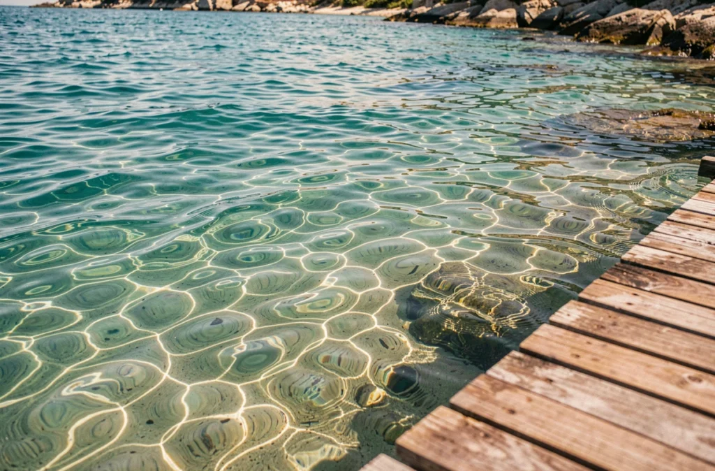 Eau de mer turquoise transparente vue depuis un ponton en bois, révélant le fond sableux