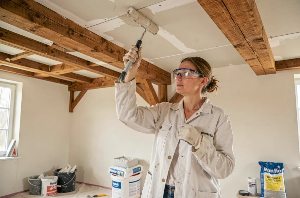 Technicienne appliquant un enduit de plâtre sur un plafond dans une maison alsacienne rénovée