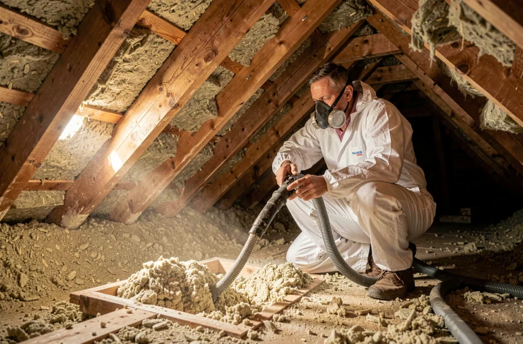 Spécialiste soufflant de l'isolant en vrac dans les combles d'une maison du Haut-Rhin, travaillant entre les chevrons sous la toiture