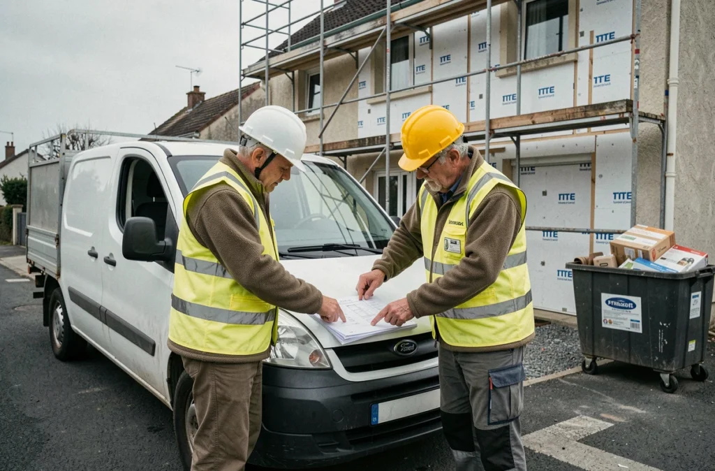 Deux artisans du BTP consultant des plans techniques devant une maison en cours d'isolation thermique par l'extérieur avec des panneaux ITE