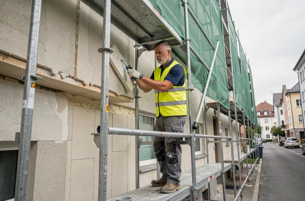 Ouvrier appliquant une isolation par l'extérieur sur la façade d'un immeuble résidentiel à Illzach depuis un échafaudage