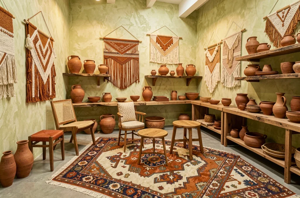 Showroom de décoration marseillais Berkail présentant des meubles artisanaux, poteries en céramique et tapis berbère sur fond de mur à la chaux dans des tons ocre et rouille