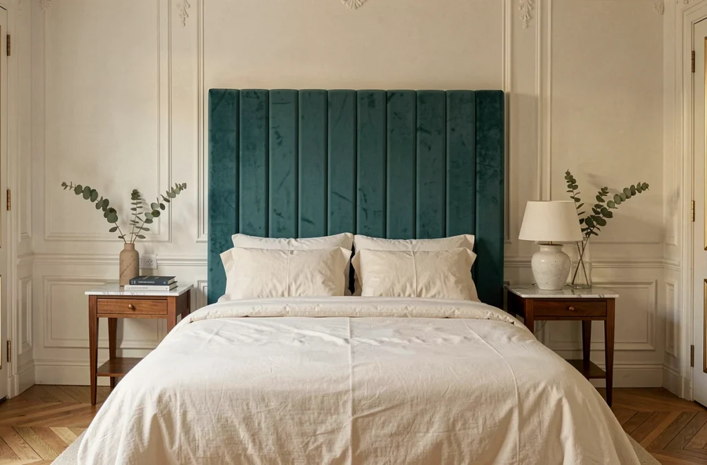 Chambre principale marseillaise de style Casa H. avec tête de lit en velours bleu sarcelle, parquet en chevrons et détails en marbre blanc dans un appartement haussmannien revisité