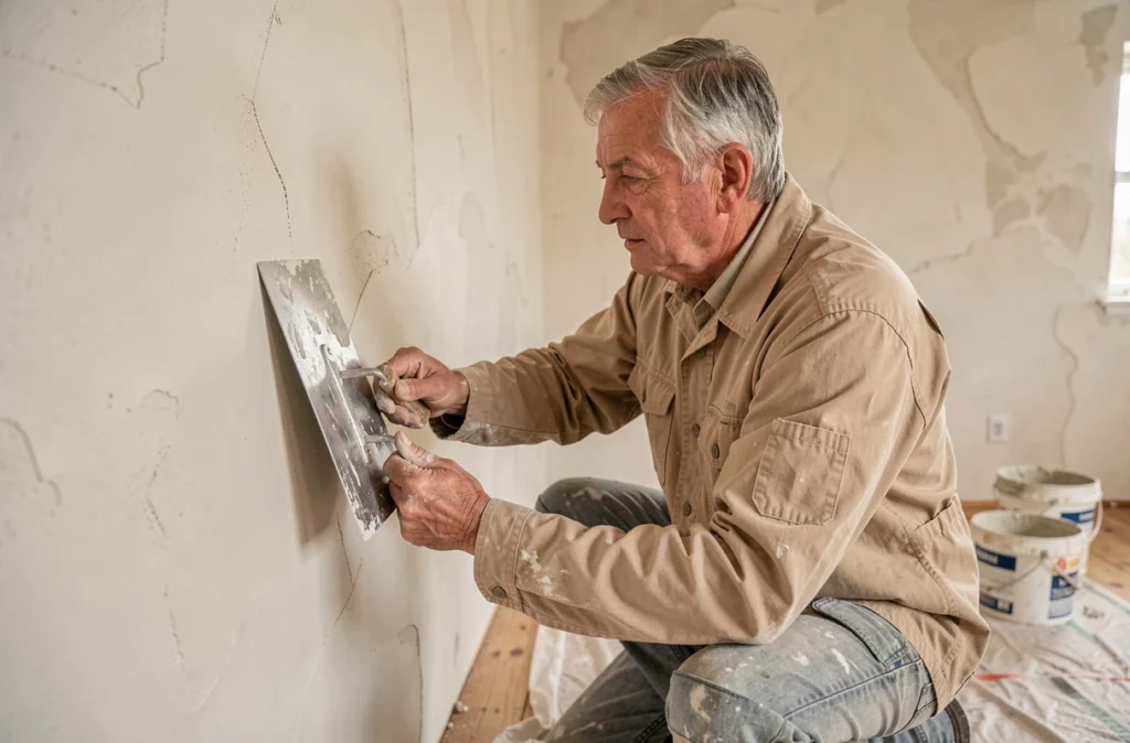 Artisan plâtrier expérimenté lissant un mur intérieur avec une grande truelle, illustrant plus de trente ans de savoir-faire