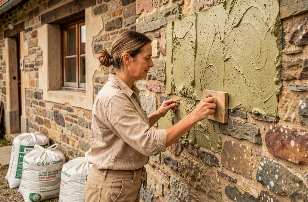 Spécialiste en rénovation écologique appliquant un enduit chanvre-chaux sur le mur en pierre d'une ancienne ferme alsacienne près d'Obernai