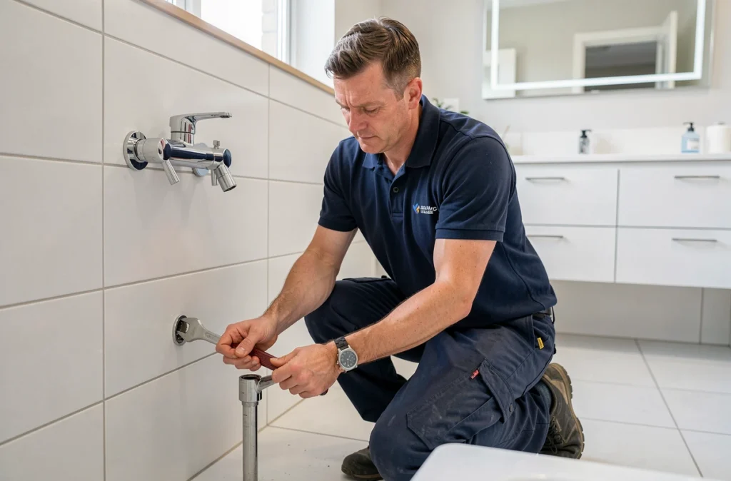Installateur de l'Entreprise Cacitti montant un siphon de baignoire îlot dans une salle de bain moderne terminée