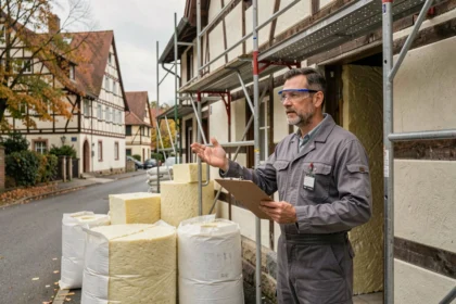 Technicien en isolation devant une maison alsacienne typique du Haut-Rhin en cours de rénovation
