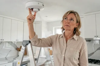 Femme appuyant sur le bouton test d'un détecteur de fumée au plafond de sa cuisine