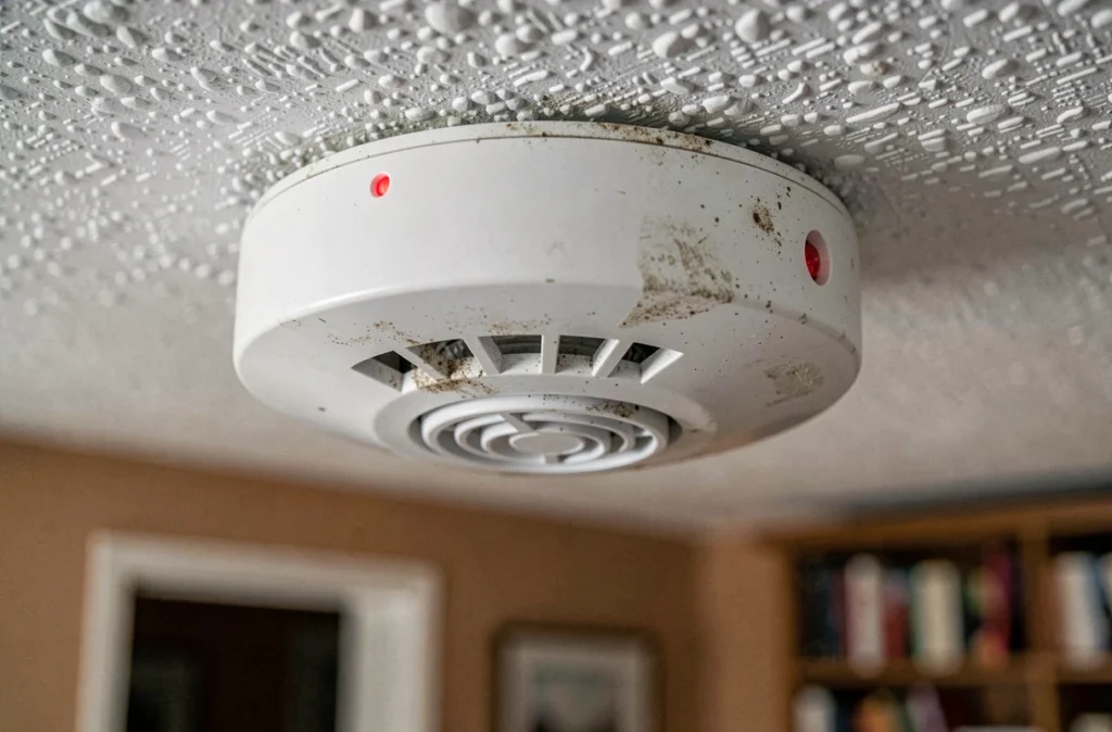 Gros plan sur un détecteur de fumée poussiéreux fixé au plafond d'une maison