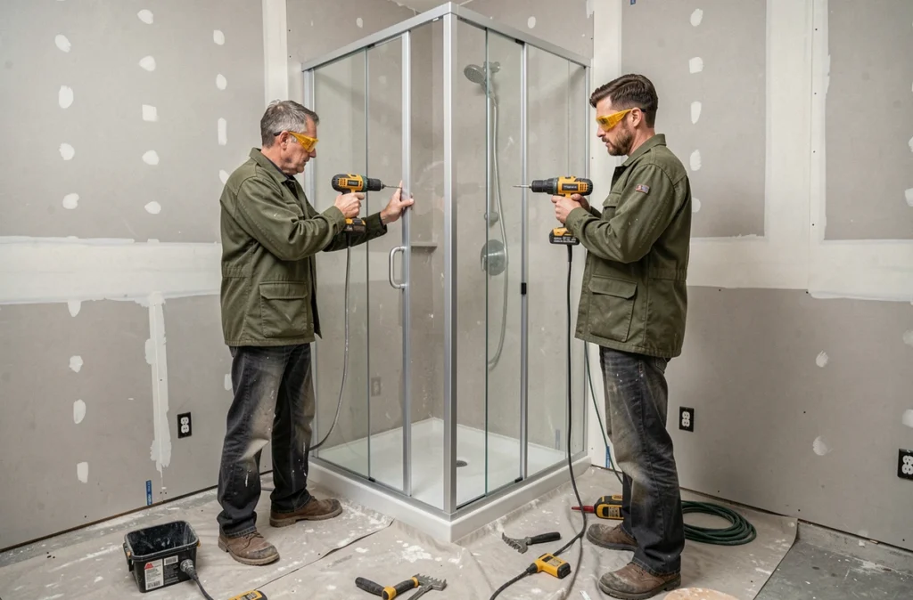 Équipe de HTM Rénovation installant une cabine de douche préfabriquée dans une salle de bain en chantier