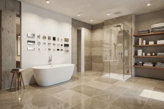 Showroom de salle de bain moderne en Normandie avec baignoire îlot, douche à l'italienne et carrelage poli