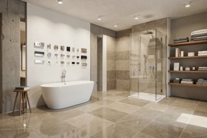 Showroom de salle de bain moderne en Normandie avec baignoire îlot, douche à l'italienne et carrelage poli