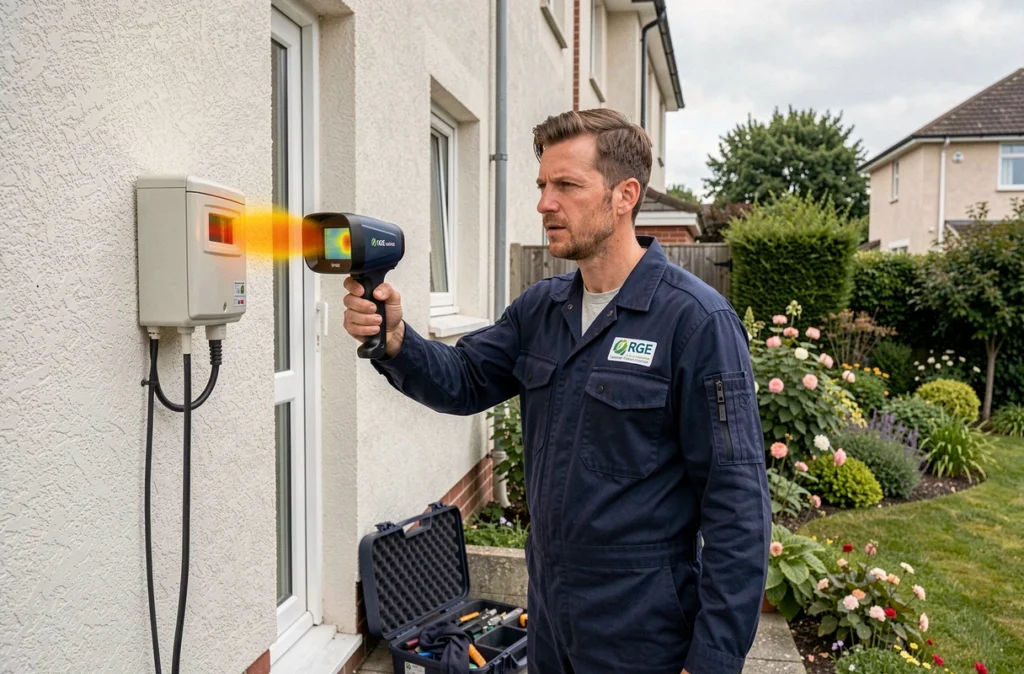 Technicien certifié RGE inspectant l'isolation thermique d'une maison à l'aide d'une caméra thermique
