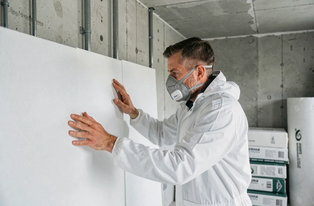 Spécialiste de l'isolation intérieure appliquant des panneaux isolants sur un mur dans un appartement à Mulhouse