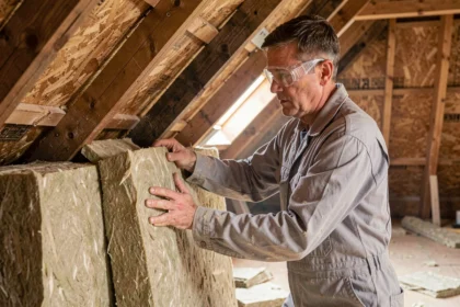 Artisan du bâtiment posant de la laine minérale entre les chevrons d'un grenier lors de travaux d'isolation thermique par l'intérieur