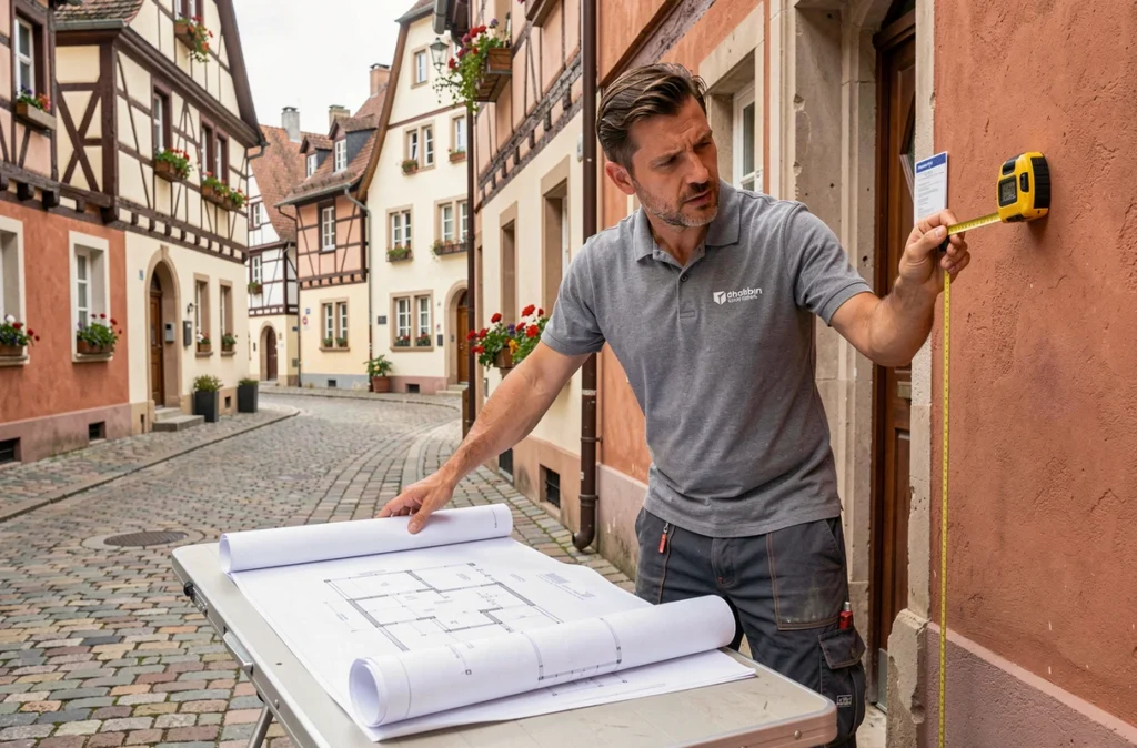 Spécialiste en rénovation thermique consultant des plans devant une maison à colombages du centre-ville de Colmar