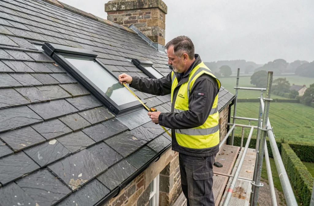 Couvreur de Lemetayer Couverture inspectant l'installation d'une fenêtre de toit sur une maison normande en pierre
