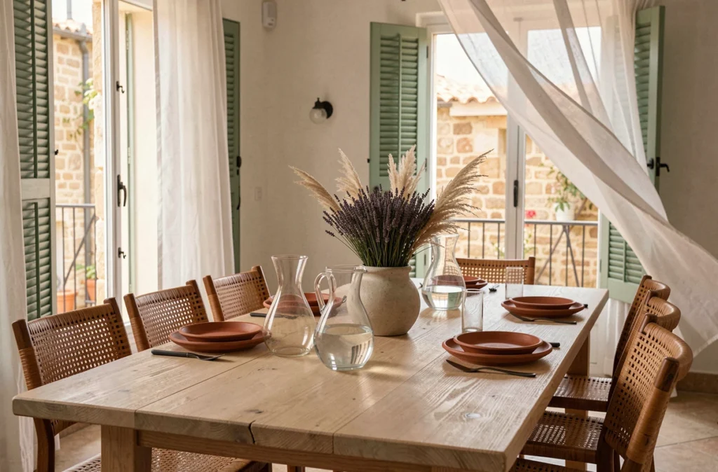 Salle à manger marseillaise au style Provençal côtier de Maison Solthée, avec table en chêne blanchi, vaisselle en terre cuite et rideaux en lin flottant devant des volets ouverts