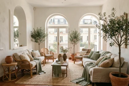 Vue grand angle d'un appartement marseillais décoré avec des influences méditerranéennes, mêlant carreaux en terre cuite, meubles en rotin et végétation Provençale