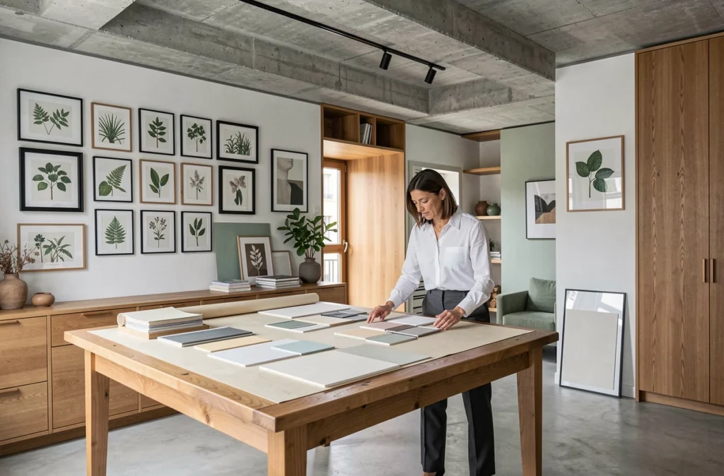 Appartement marseillais au design architectural épuré avec plafonds en béton brut, menuiserie en chêne et une décoratrice consultant des échantillons de matériaux, style Notes de Styles