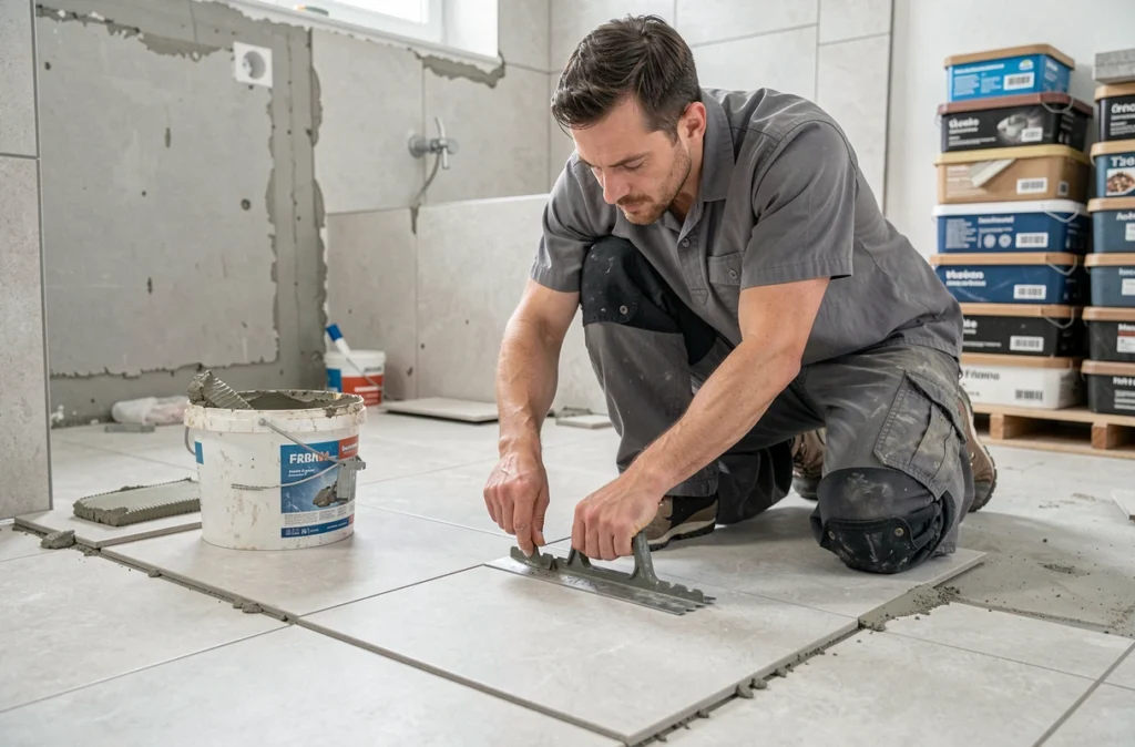 Carreleur de Piolain Carrelage posant du carrelage grand format dans une salle de bain en rénovation