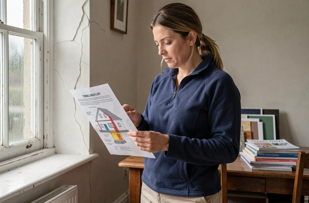 Propriétaire étudiant un bilan thermique de sa maison pour identifier les déperditions de chaleur avant des travaux d'isolation