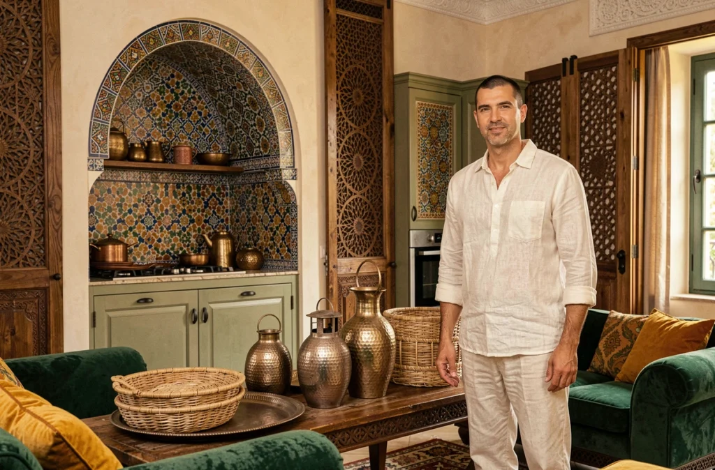 Appartement marseillais de Salim Haïdar aux influences nord-africaines et méditerranéennes, avec carreaux zellige en arc, boiseries sculptées et décorations en laiton martelé
